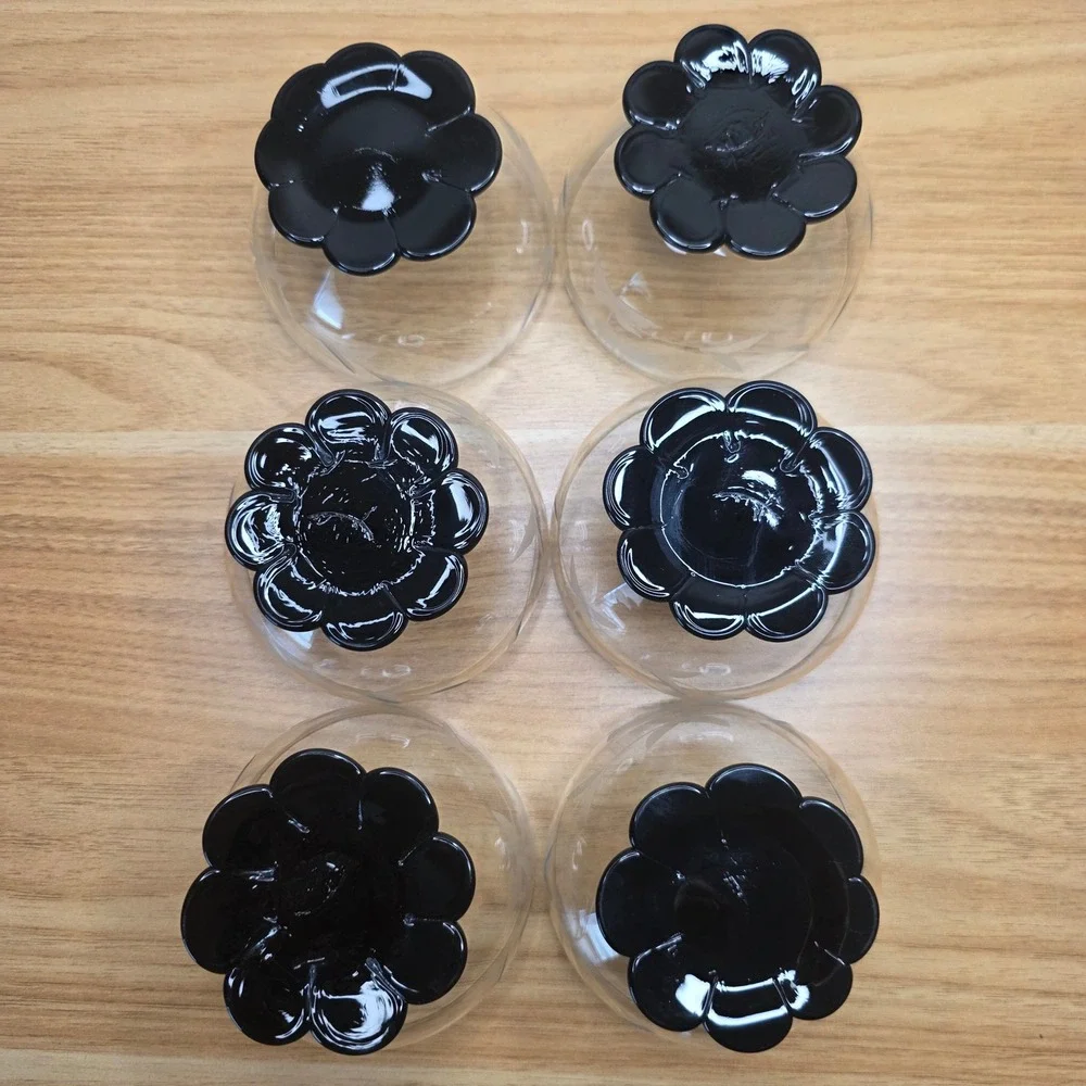 Rare 6 Weston Black Lily Pad Foot Base Champagne Sherbet Glasses Etched Floral